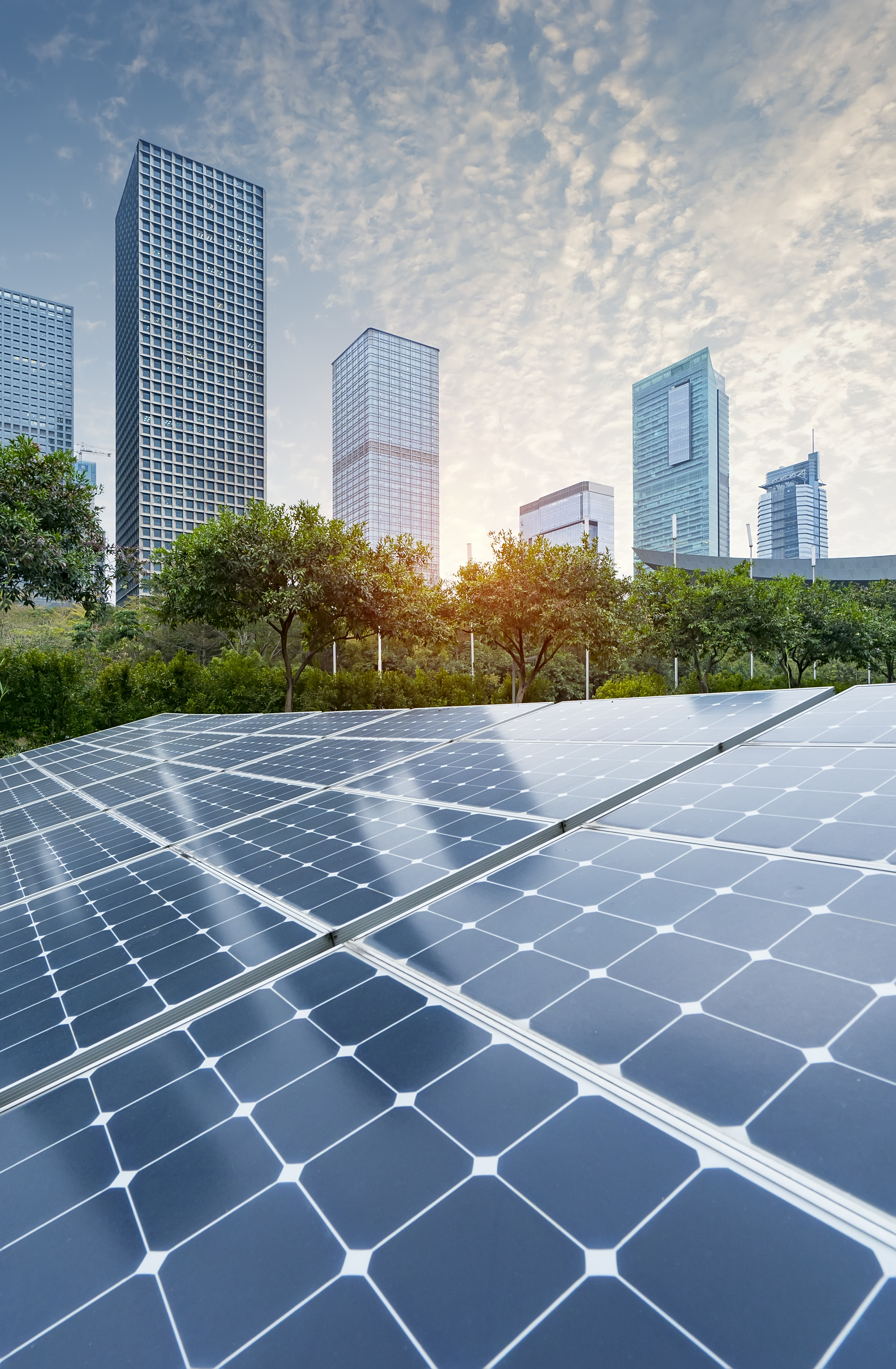 Ecological energy renewable solar panel plant with urban landscape landmarks